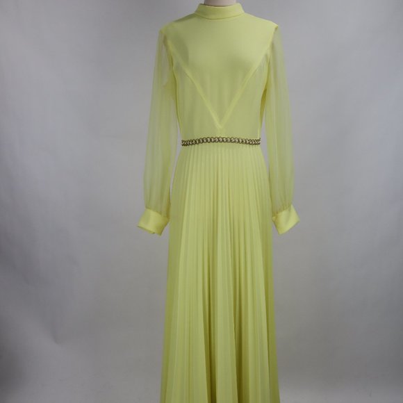 Vtg 1970's Yellow Formal Long Party Dress Gown Cocktail Hippie Prairie Boho S - Picture 2 of 12